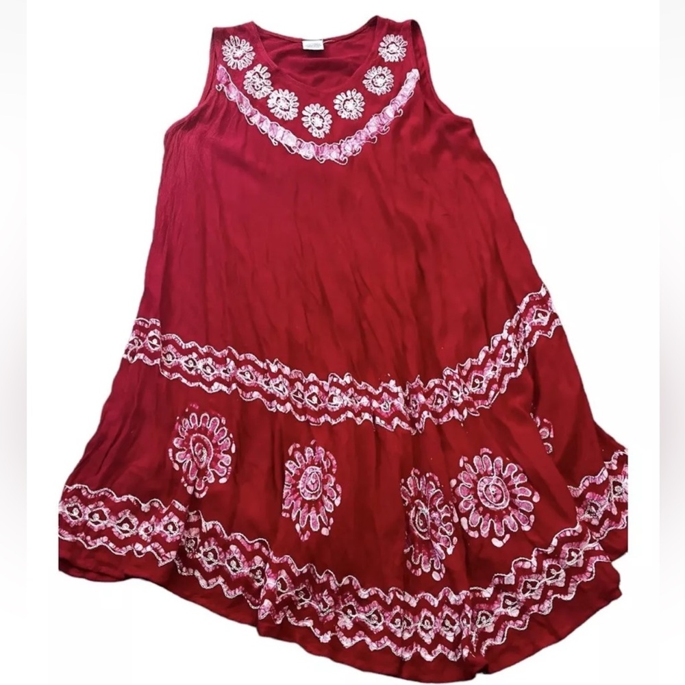 Sahiba Women’s Swim Cover Up, Red, Embroidered White Flowy Knee Length, One Size